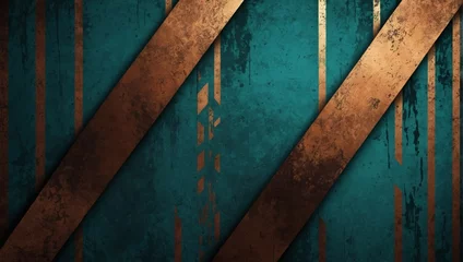 Foto op Plexiglas Teal and copper grunge stripes abstract banner design. Geometric tech vector background with antique wall texture. © xKas