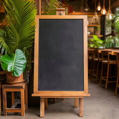 Wooden blackboard with copy space in restaurant or cafe 