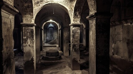 Haunted catacombs filled with ancient tombs and eerie whisper. Burial places, ghosts, paranormal, skulls, bones, dust, dampness, not a soul, underground structure, mysticism, fear. Generative by AI