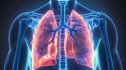 The human respiratory system consists of the lungs, which allow us to breathe. These lungs are located in our chest and are made up of tiny air sacs that allow oxygen to enter our bloodstream. - obrazy, fototapety, plakaty