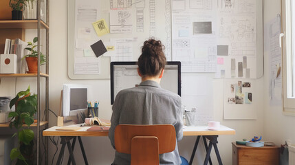 Woman working in a well-organized home office with wall-mounted whiteboard and notes. Back view