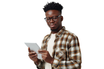 Studio portrait company business worker smart young African American man with serious face holding tablet, isolated on transparent png background.