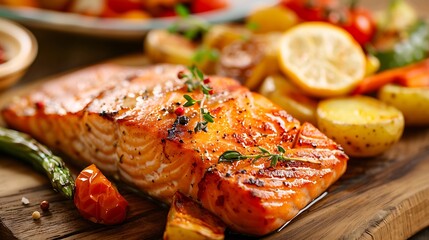 Barbecued salmon fried potatoes and vegetables on wooden background - obrazy, fototapety, plakaty