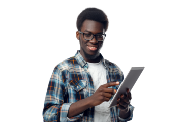 Studio portrait company business worker smart young African American man with serious face holding tablet, isolated on transparent png background.