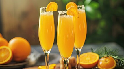 Cocktails made from freshly squeezed orange juice, mimosas are served in tall glasses. Establishment signature drink, affordable beverage, lemonade, vitamins, diet, natural product. Generative by AI