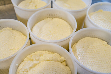 The Process of Making Fresh White Soft Whey Ricotta Cheese. Selected focus