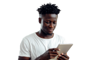 Studio portrait company business worker smart young African American man with serious face holding tablet, isolated on transparent png background.