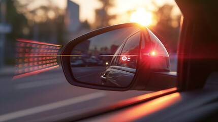 Blind Spot Detection - A scenario showing a car’s blind spot detection system alerting the driver to another vehicle in their blind spot during a lane change. The alert on the side