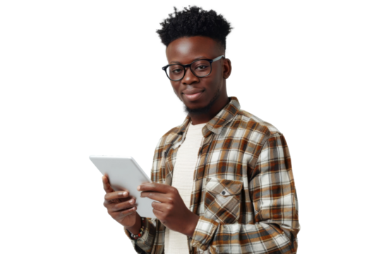 Studio portrait company business worker smart young African American man with serious face holding tablet, isolated on transparent png background.