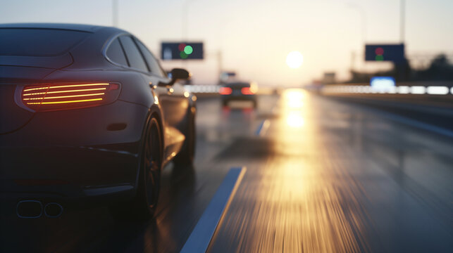 Adaptive Cruise Control - A vehicle on a highway demonstrating adaptive cruise control, maintaining a safe distance from the car ahead. The natural backlight enhances the silhouett
