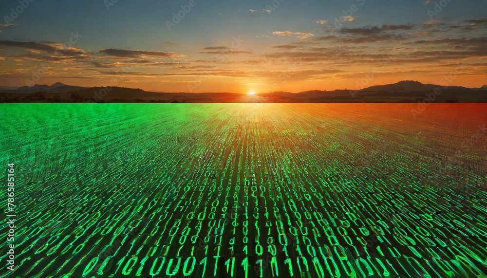 Wall mural sunset code vista: a field of glowing green binary code under a colorful sunset
