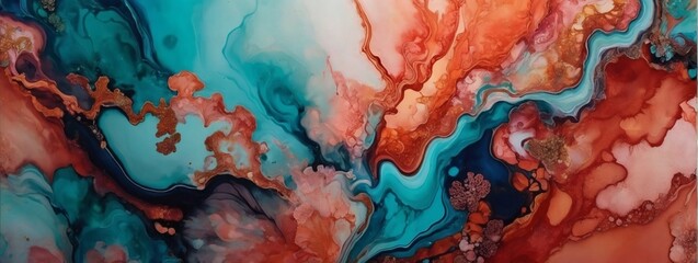 Splendid Alcohol Ink Art Sophisticated Coral Banner Abstract Background Wallpaper. - obrazy, fototapety, plakaty