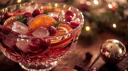 Festive holiday punch bowl filled with fruity flavors and spik, jelly. New Year, seasonal drink. Relaxing in the company of friends during the holiday concept. Spruce cones and twigs. Generative by AI