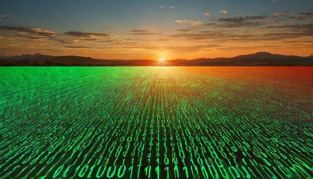 Sunset code vista: A field of glowing green binary code under a colorful sunset
