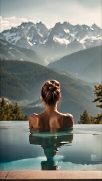 rear view of a woman with bun relaxing in an infinity pool in the alps. She enjoys a stunning view of a beautiful mountain landscape. Relaxing vertical video.