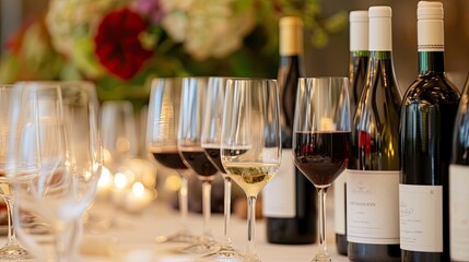 Elegant wine tasting event featuring a variety of reds whites, restaurant. Alcohol, grapes, fine stemware, burgundy and liquid. High-quality product and its presentation concept. Generative by AI