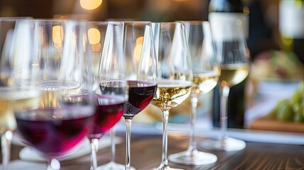 Naklejka premium Elegant wine tasting event featuring a variety of reds whites, restaurant. Alcohol, grapes, fine stemware, burgundy and liquid. High-quality product and its presentation concept. Generative by AI
