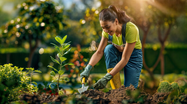Frau pflanzt einen Baum, A woman plants a tree