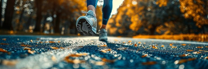 Marathon runner's sneakers in action on asphalt. Fitness journey depiction. - Powered by Adobe
