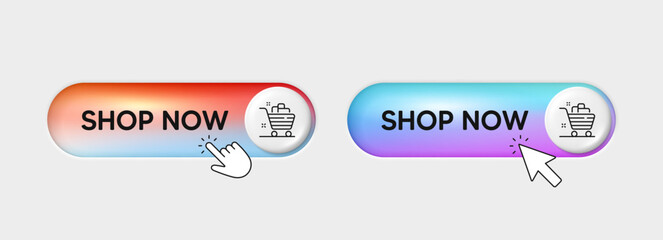 Buy now button with shopping cart. Shop now gradient switch buttons with hand pointer. Online shopping, click here mouse pointer. Web design toggle slider elements. Order button. Vector illustration