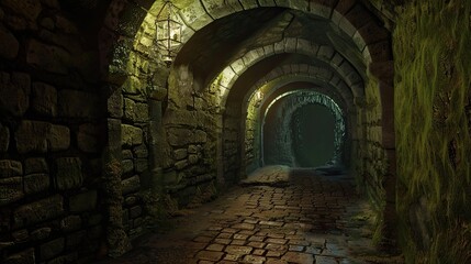 Dimly lit dungeon corridor surrounded by moss-covered stone wall. Gloomy place, ghosts, paranormal, gothic, middle ages, ruins, dust, dampness, underground structure, mysticism. Generative by AI