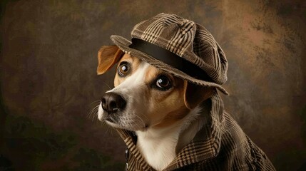 Serious detective dog in a raincoat and hat, with a serious face, investigates a crime scene. His focused expression shows determination to solve the case. Generative by AI - obrazy, fototapety, plakaty