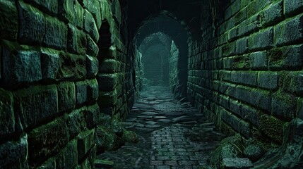 Dimly lit dungeon corridor surrounded by moss-covered stone wall. Gloomy place, ghosts, paranormal, gothic, middle ages, ruins, dust, dampness, underground structure, mysticism. Generative by AI