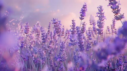 A beautiful field of lavender flowers with a picturesque sky background. Ideal for nature and...