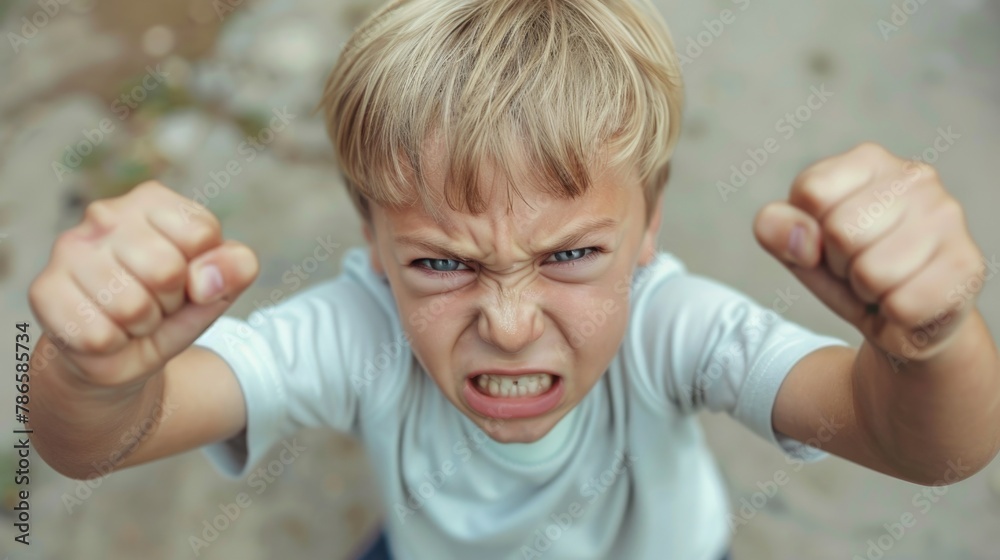 Aufkleber a young boy showing excitement with his fists in the air. suitable for various concepts