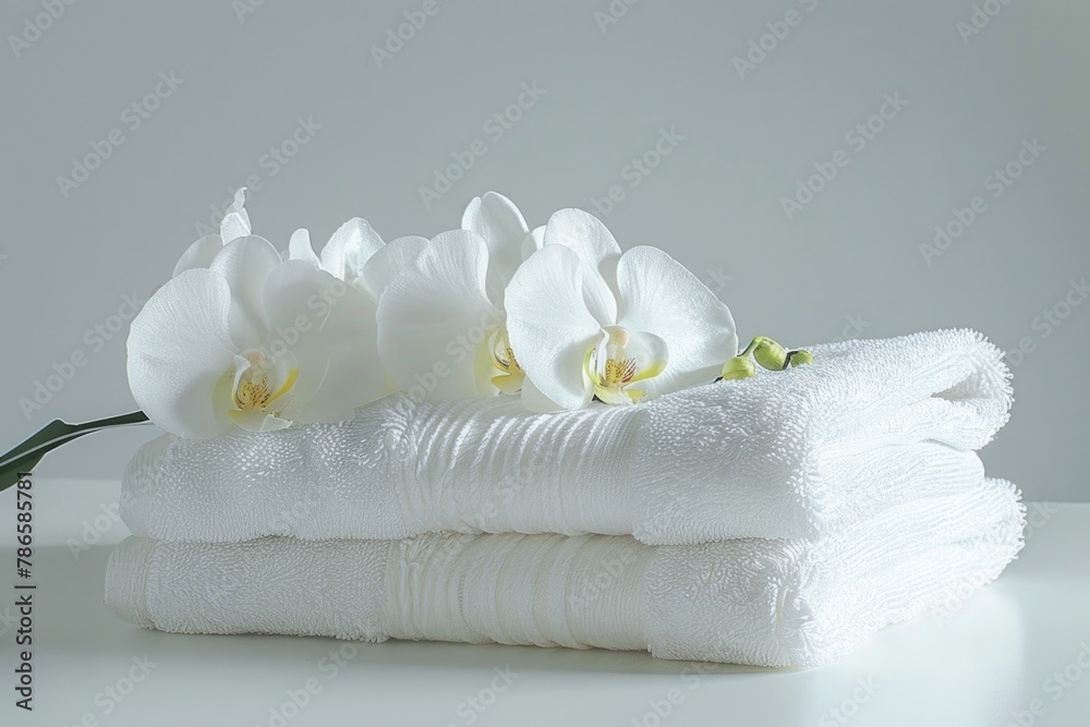 Poster White towels neatly stacked on a table, suitable for bathroom or spa concepts