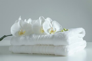 White towels neatly stacked on a table, suitable for bathroom or spa concepts