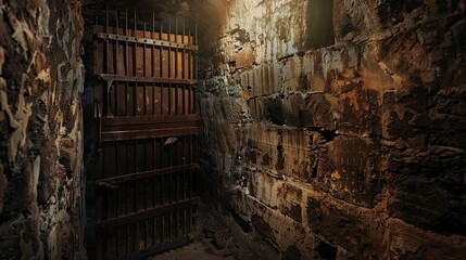 Decrepit dungeon cell with crumbling walls and an iron-bound. Gloomy place, ghosts, paranormal, gothic, middle ages, ruins, dust, dampness, underground structure, mysticism, fear. Generative by AI