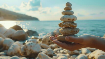 Fototapeta na wymiar A person holding a stack of rocks near a body of water. Suitable for outdoor and nature themes
