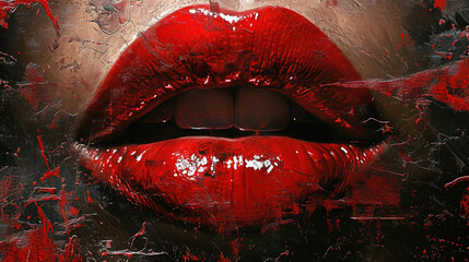 Red Liquid Color Paint Brush Strokes On Beautiful Women Red Lips Background Blur