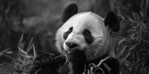 A black and white photo of a panda bear eating bamboo. Suitable for nature and wildlife concepts