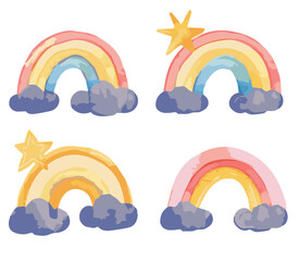 Set of watercolor rainbow clouds. Fantasy color. Vector nursery elements.