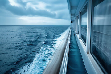 Fototapeta premium Deck of cruise ship with view on blue ocean