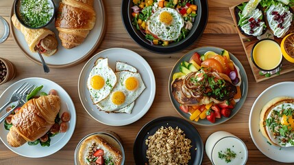 Breakfast food table festive brunch set meal variety with fried egg croissant sandwich granola and...