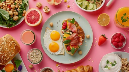 Breakfast food table festive brunch set meal variety with fried egg croissant sandwich granola and smoothie overhead view