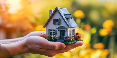 Male hands holding model of house outdoors, close-up with space for text. Real estate agent.