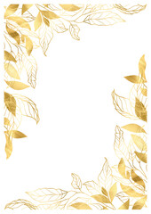 Elegant wedding gold floral frame, golden flowers botanical hand drawn line border leaves, for wedding invitation and cards, logo design, social media and posters template