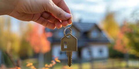 Male hands holding house keys outdoors, close-up with space for text. Real estate agent.
