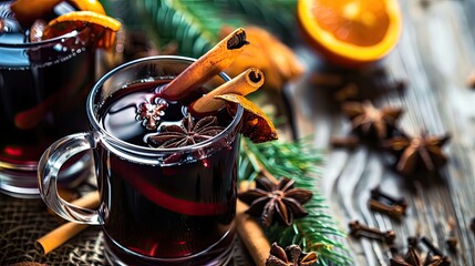 Warm and comforting mulled wine, with slice of lemon infused with aromatic spices, drink with degree, goblet, club, bar, alcohol aesthetics, aromatic drink and nice company concept. Generative by AI - obrazy, fototapety, plakaty