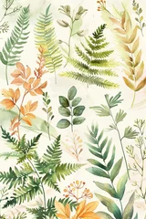 Foto op Plexiglas Ancient leaves and ferns, a watercolor journey through time, vintage style illustrations for a magical journal,A beautiful watercolor pattern featuring a variety of ferns, leaves, and foliage © SopranoPorchz
