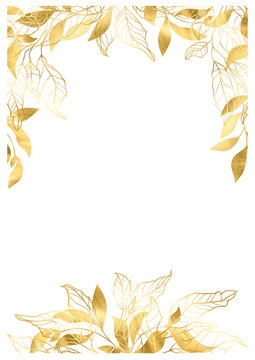 Elegant wedding gold floral frame, golden flowers botanical hand drawn line border leaves, for wedding invitation and cards, logo design, social media and posters template