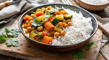 Vegetable curry with chickpeas served over fragrant basmati rice. Restaurant dish, serving, seasonal offering, proper nutrition, diet food. Culinary aesthetics concept. Generative by AI - obrazy, fototapety, plakaty