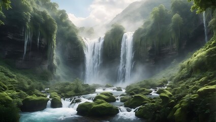 Fototapeta na wymiar Beautiful mountain and greenery water fall 