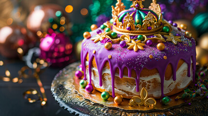 Mardi gras concept king cake with holiday decoration - obrazy, fototapety, plakaty