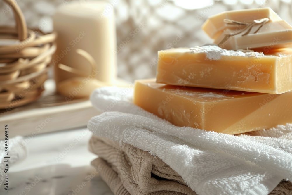 Poster a stack of soap bars sitting on top of a pile of towels. perfect for hygiene and bathroom concepts
