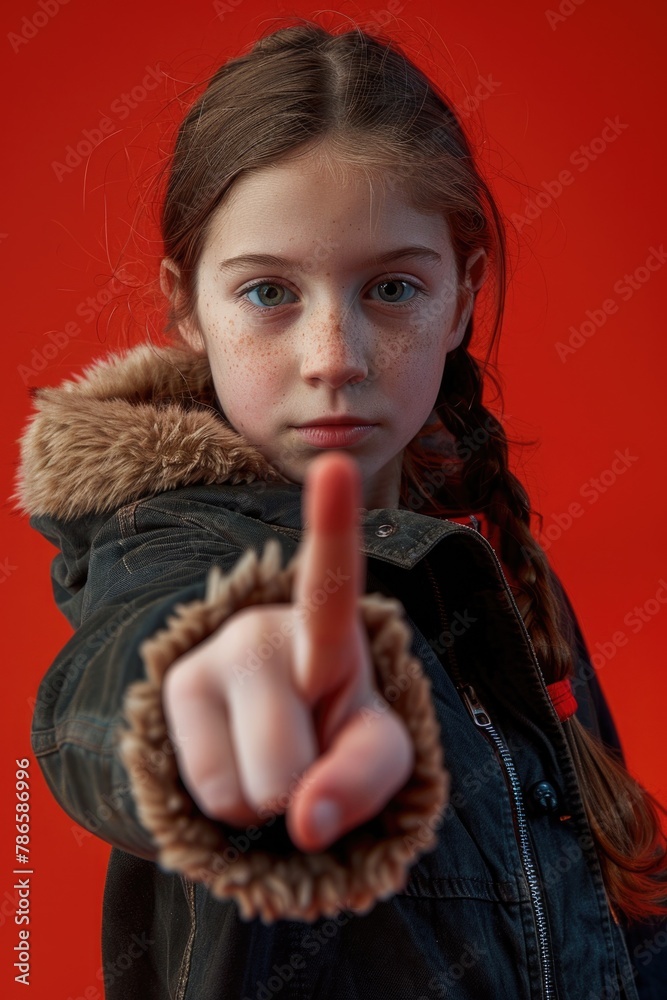 Poster A young girl pointing directly at the camera. Suitable for various concepts